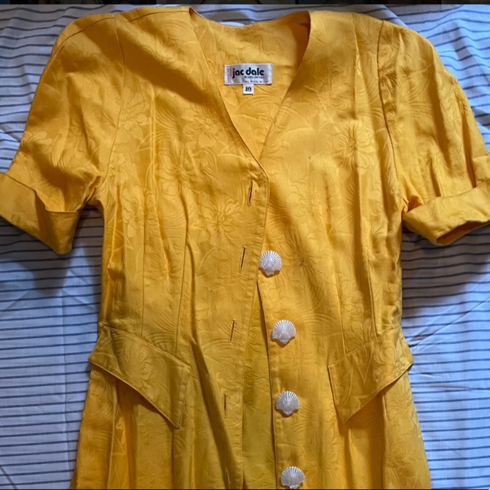 Vintage Jac Dale Yellow Flower-Print Dress with Seashell Buttons